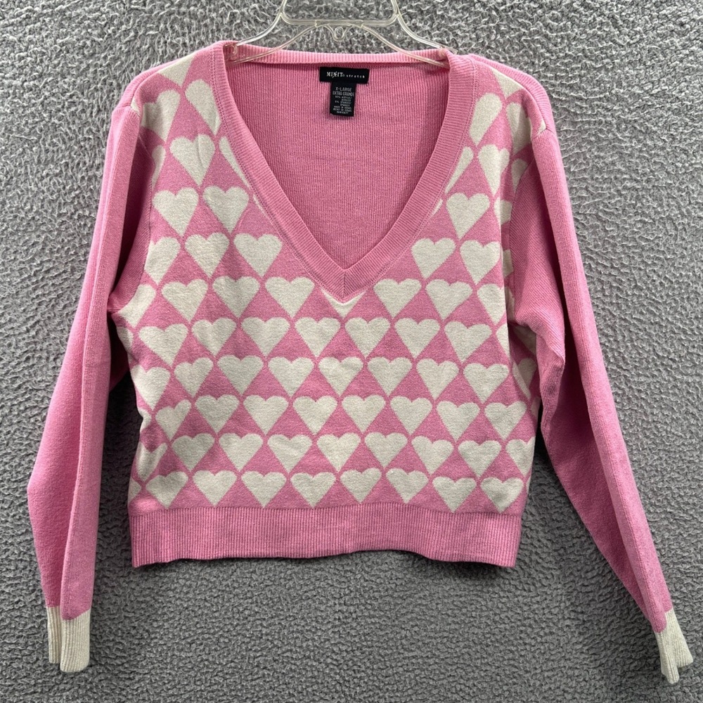 Womens Heart Print Sweater XL Coquette Y2K Soft Girl Cute V Neck Knit Pullover